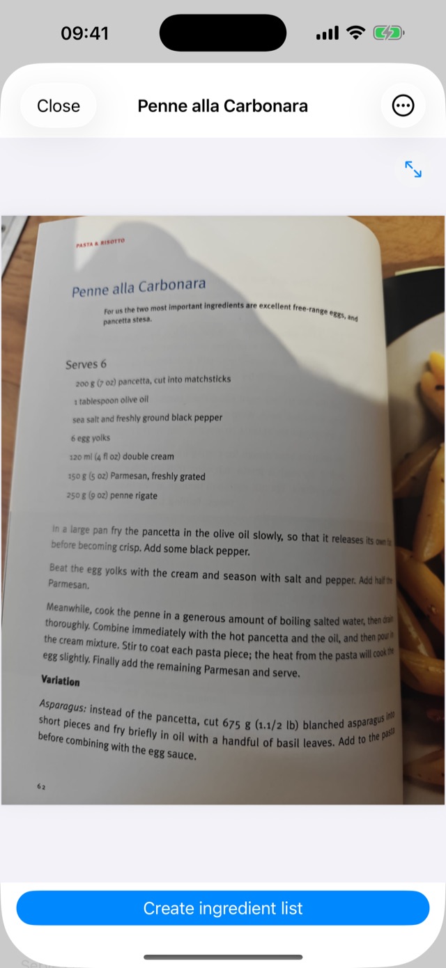 A photographed recipe stored in HobPad, with a Create ingredient list button underneath