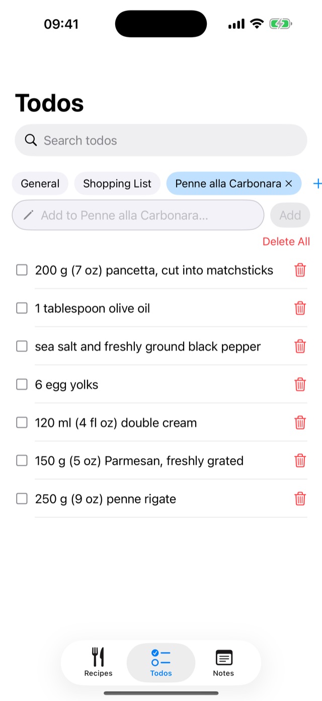 The finished ingredient shopping list in the todos tab, each item with a checkbox